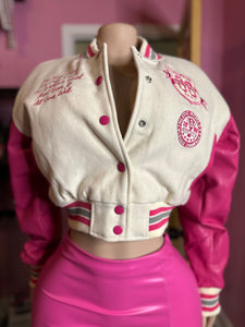 League 1965 Cropped Varsity Jacket- Pink