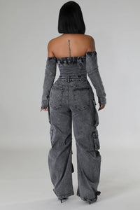 Chic Off-Shoulder Denim Jumpsuit with Utility Pockets- Black Denim