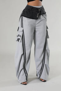 Denim Contrast Cargo Track Pants-Gray