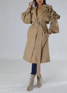 Timeless Ruffled Trench Coat- Khaki