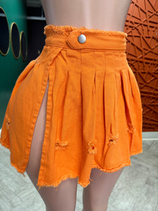 Ripped Denim Mini Pleated Skirt- Orange