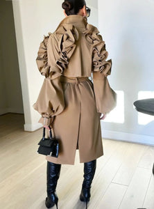 Timeless Ruffled Trench Coat- Khaki