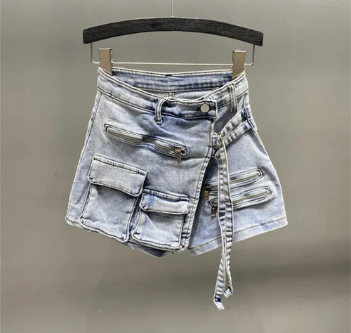 Irregular Cargo Pocket Denim Skort- Light Blue Denim