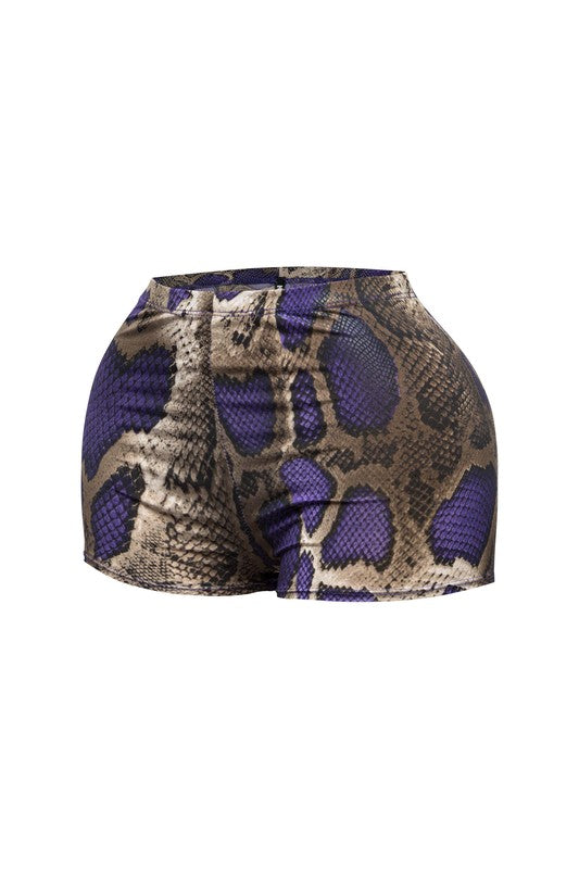 High-Waisted Foiled Snake Print Shorts-Purple Combo