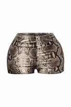 High-Waisted Foiled Snake Print Shorts-Brown