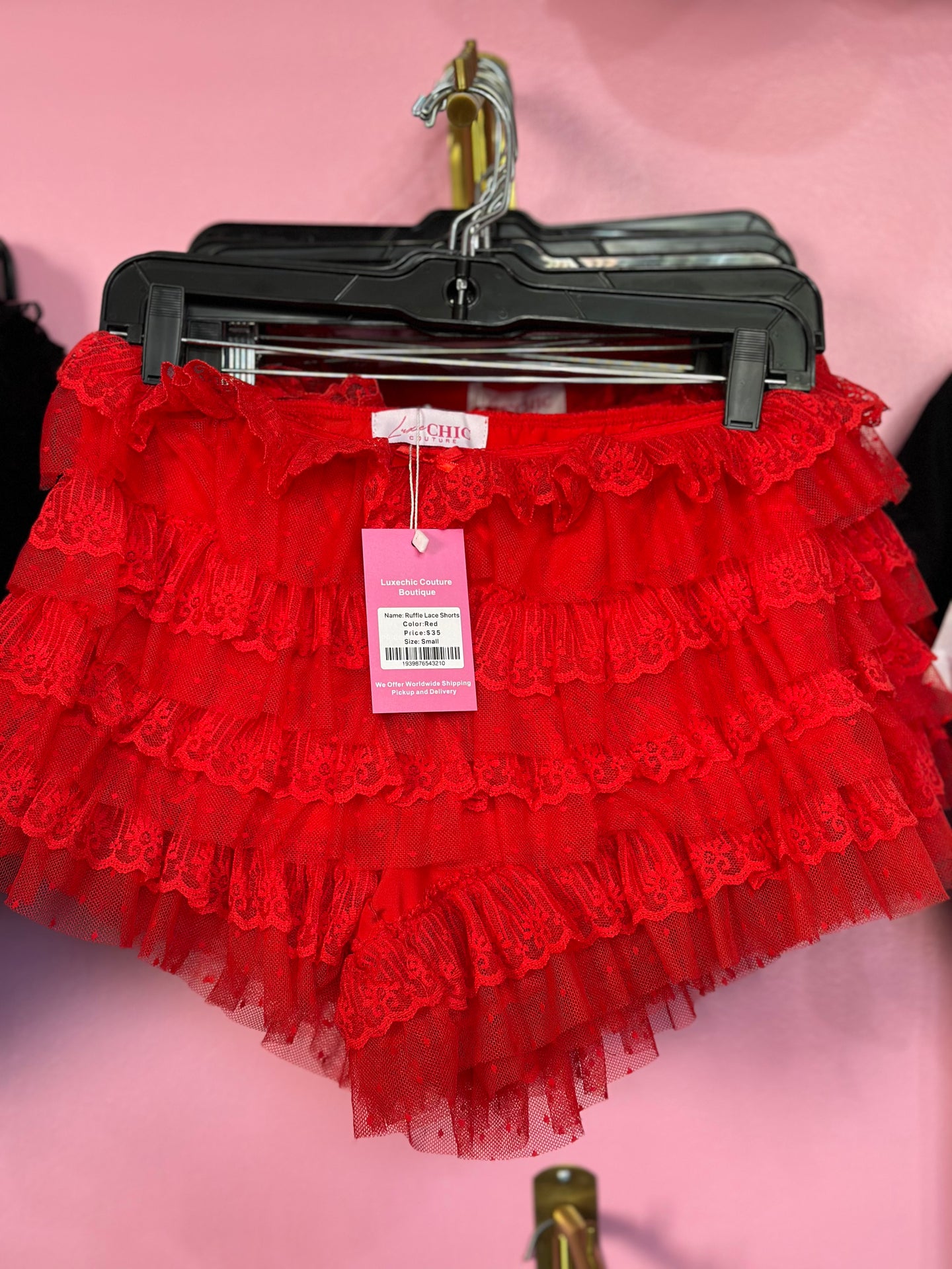 Ruffle Lace Layered Mesh Shorts- Red