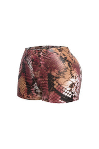 High-Waisted Foiled Snake Print Shorts-Wine Combo