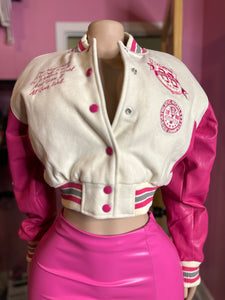 League 1965 Cropped Varsity Jacket- Pink