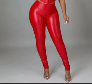 Sleek Faux Leather High-Waisted Leggings- Red