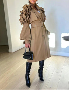 Timeless Ruffled Trench Coat- Khaki