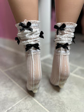 Vintage Chic Sheer Lace Socks with Black Bows- White