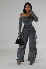 Chic Off-Shoulder Denim Jumpsuit with Utility Pockets- Black Denim