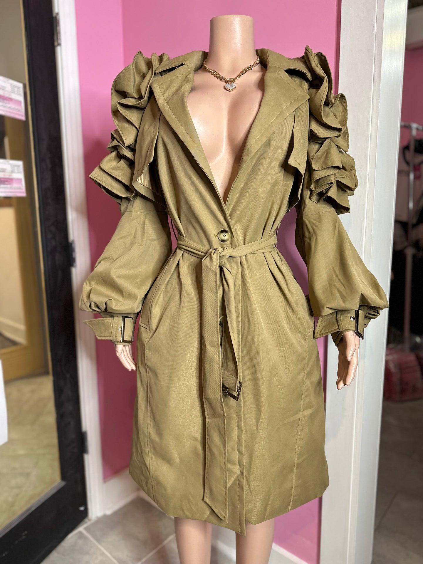 Timeless Ruffled Trench Coat- Khaki