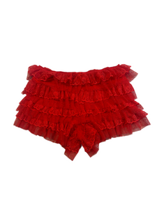 Ruffle Lace Layered Mesh Shorts- Red