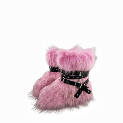 Faux Fur Trendy Ankle Boots with Buckle Straps- Pink