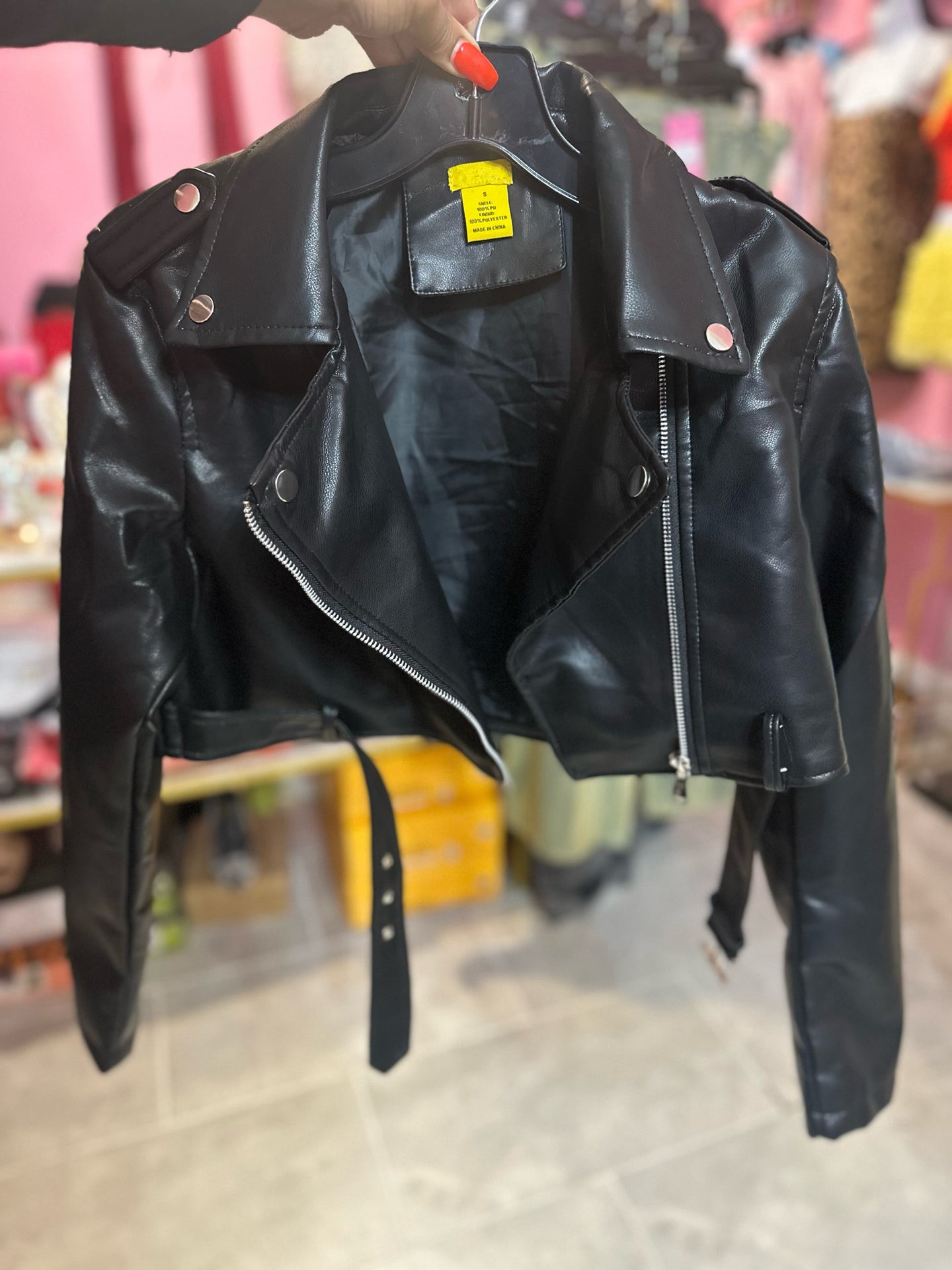 PU LEATHER BIKER JACKET- Black