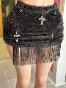 Fuzzy Fringe Cross Skirt- Black