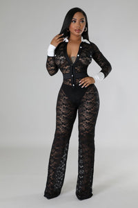 Follow My Lane Lace Jumpsuit- Black