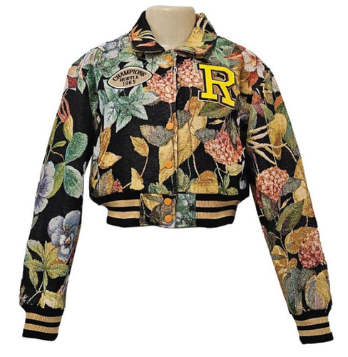 *Pre-Order 3-5 days then ship* Floral Crop Varsity Tapestry Jacket- Black