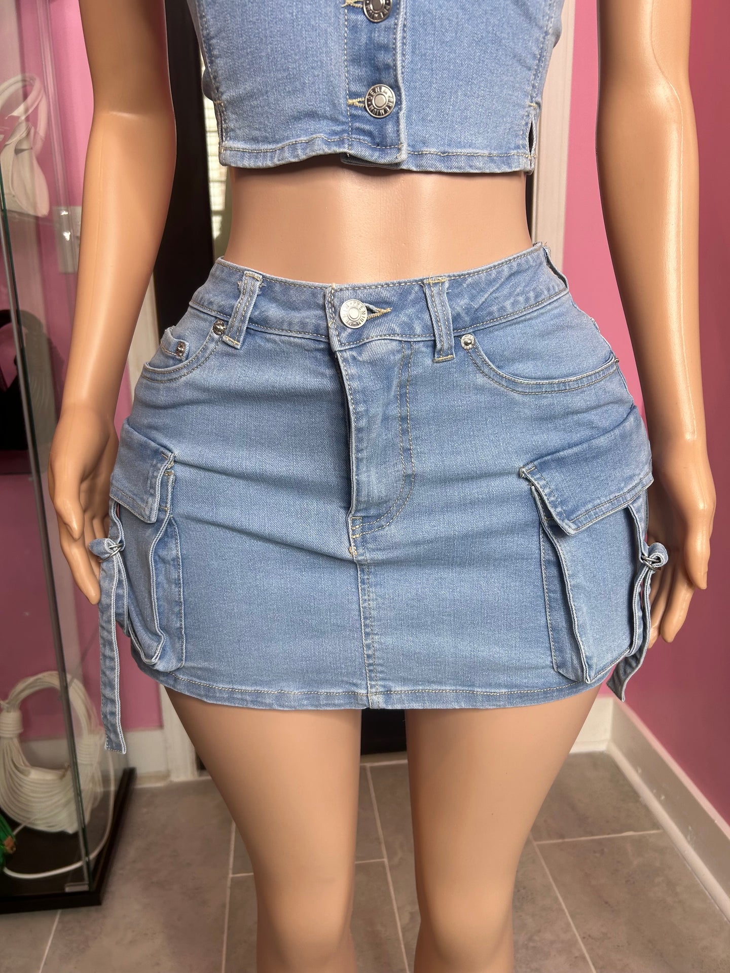 Wish That You Could Denim Cargo Mini Skirt