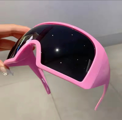 Futuristic Goggle Wrap Round Sunglasses- Pink