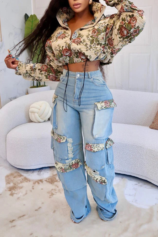 Sunday Affair Floral Jacket & Denim Pant Set