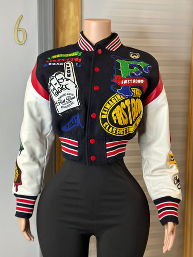 1st Row Champion Cropped Varsity Jacket- Navy