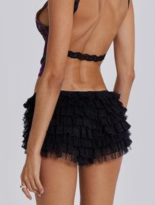 Ruffle Lace Layered  Mesh Shorts-Black