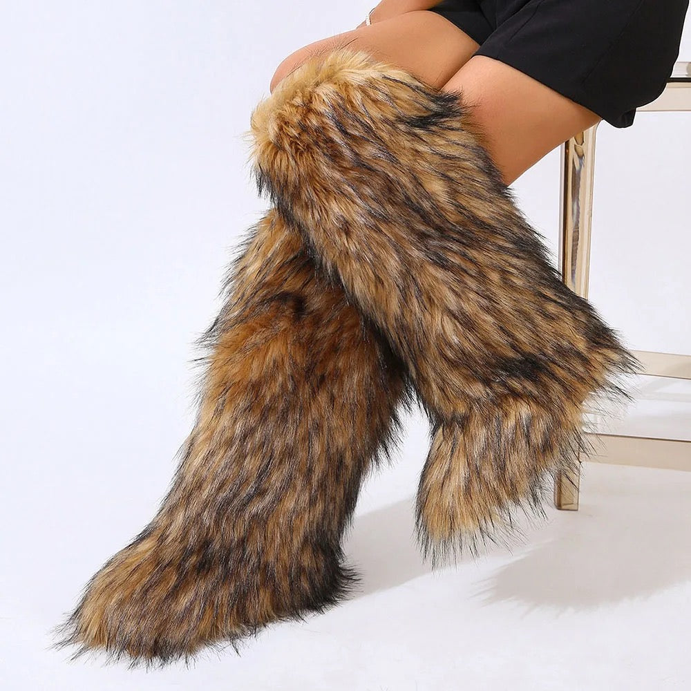 Wynter Fluffy Faux Fur Tall Boots- Brown