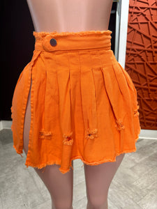 Ripped Denim Mini Pleated Skirt- Orange