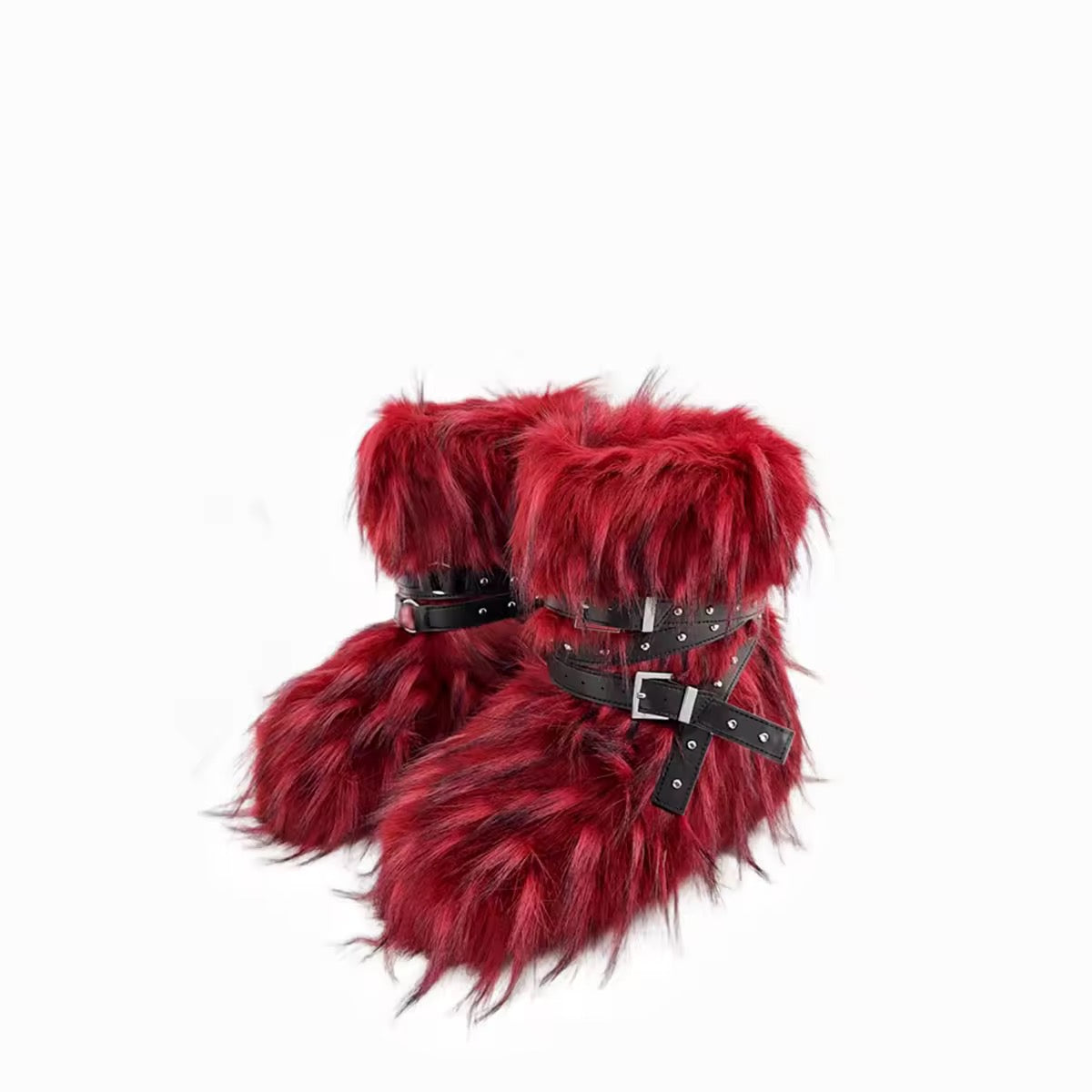 Faux Fur Trendy Ankle Boots with Buckle Straps- Red