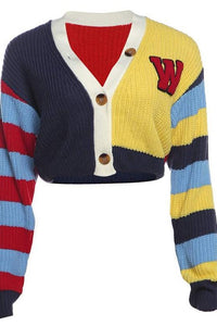 Colorful Knit Cropped Cardigan "W" Patch