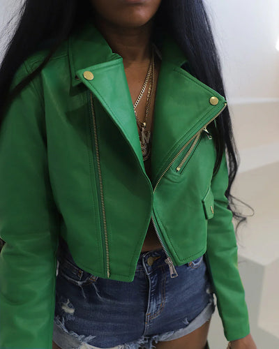 PU LEATHER BIKER JACKET- Kelly Green