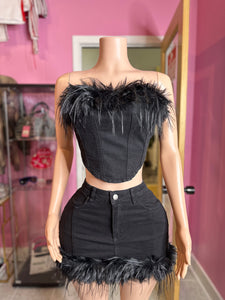 Too Cute Black Denim Crop Top & Mini Skirt Set with Feather Trim