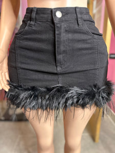 Too Cute Black Denim Crop Top & Mini Skirt Set with Feather Trim