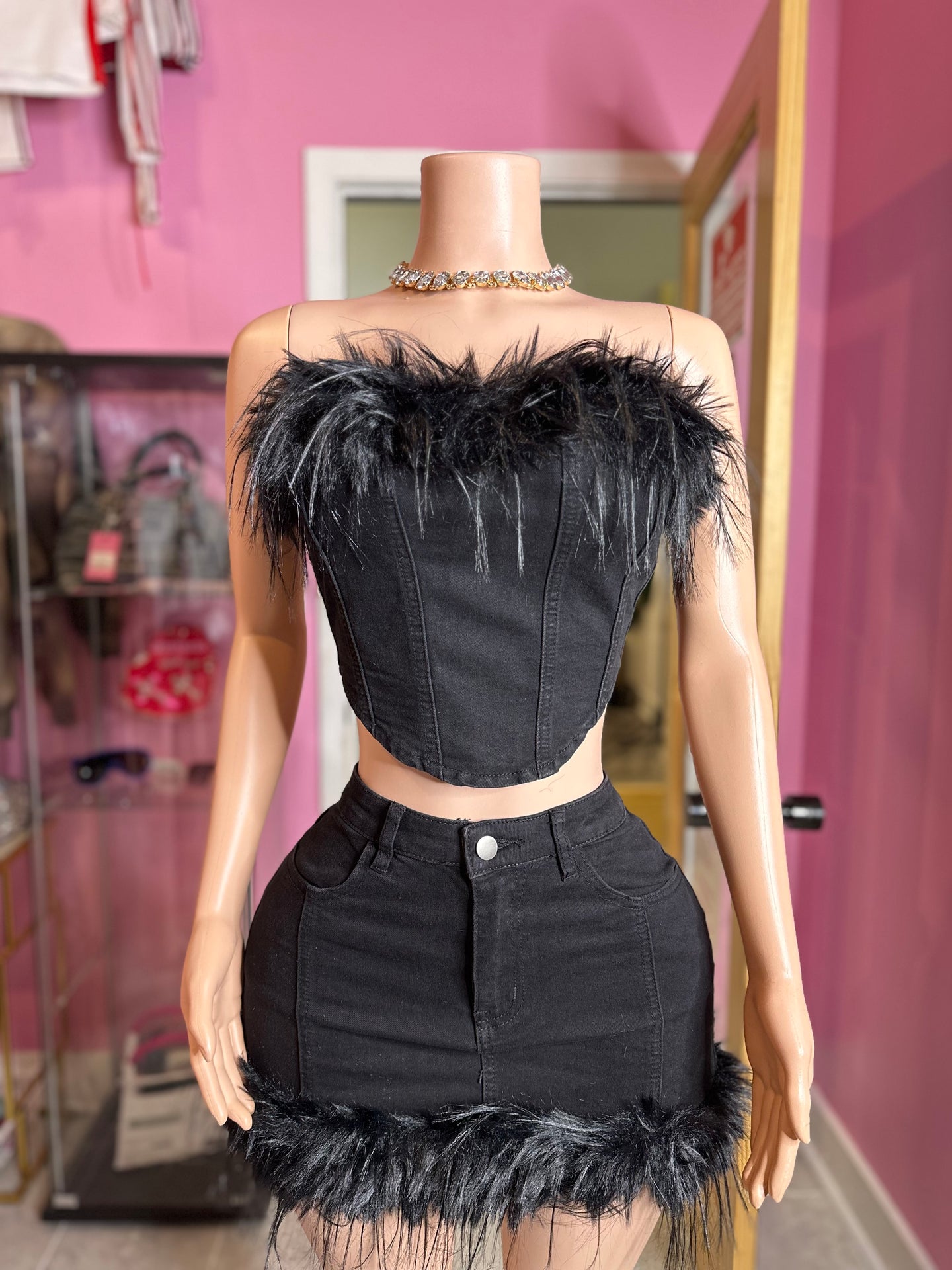 Too Cute Black Denim Crop Top & Mini Skirt Set with Feather Trim