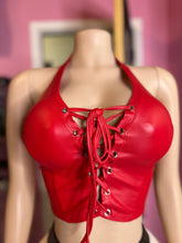 Red Faux Leather Halter Lace-Up Top