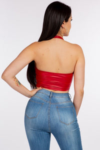 Red Faux Leather Halter Lace-Up Top