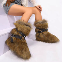 Faux Fur Trendy Ankle Boots with Buckle Straps- Brown