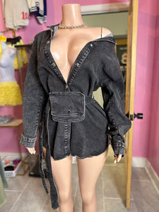 Trendy Off-Shoulder Denim Shirt/Dress with Belted Waist- Denim Black