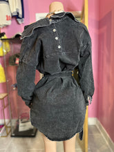 Trendy Off-Shoulder Denim Shirt/Dress with Belted Waist- Denim Black