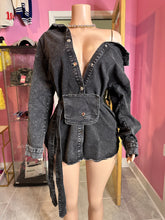 Trendy Off-Shoulder Denim Shirt/Dress with Belted Waist- Denim Black