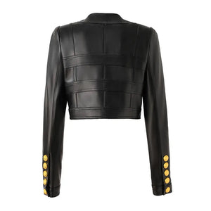 (Pre-Order 5-7 business days then ship)Chic European Style Double-Breasted Cropped Leather Jacket