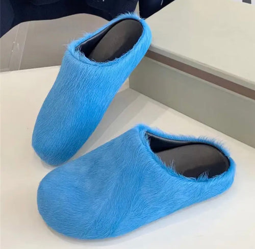 *Pre-Order* Marnai Long-Haired Flat Slippers- Light Blue