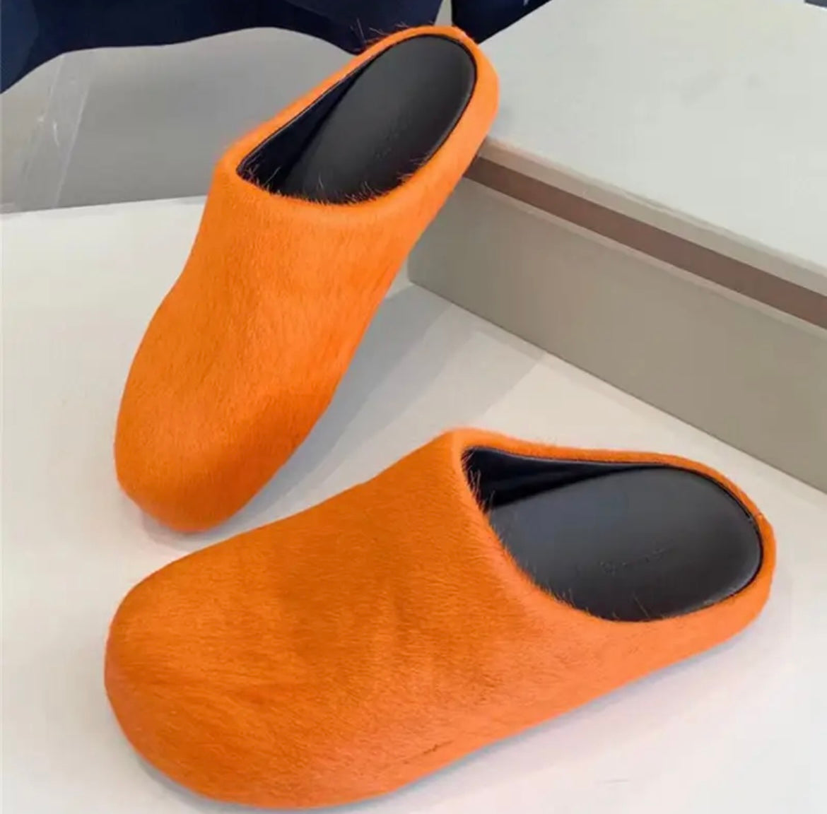 *Pre-Order* Marnai Long-Haired Flat Slippers- Orange