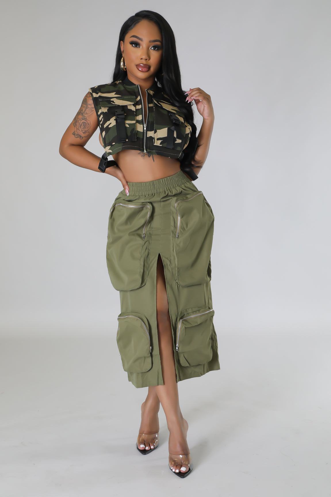 Cargo High Split Skirt- Army Green